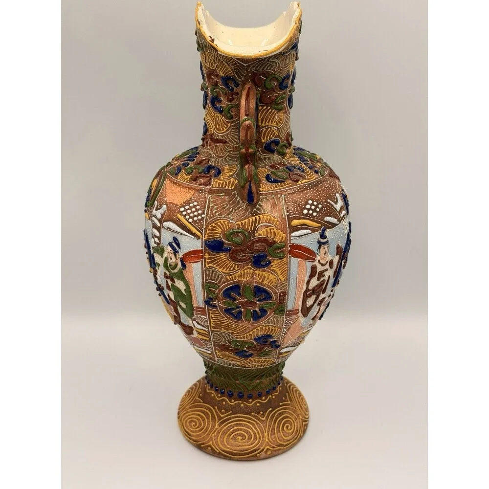 Vintage Japanese Satsuma Moriage Vase Double Open Handle Figural Court Scene 11